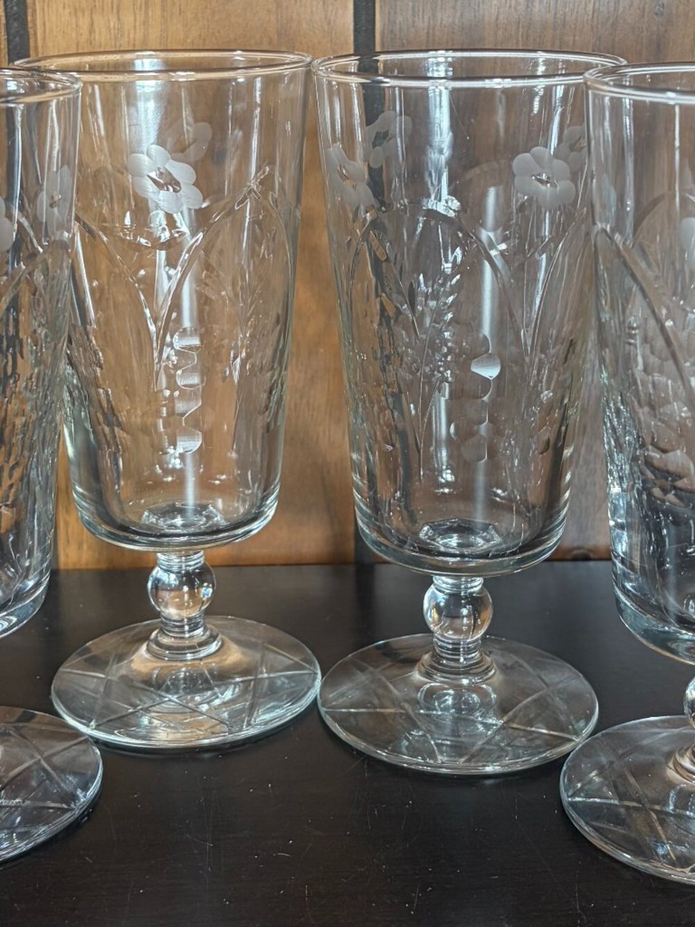 Libbey Rock Sharpe #3006 Iced Tea Glasses 6.5" Short Ball Stem Floral Set of 4